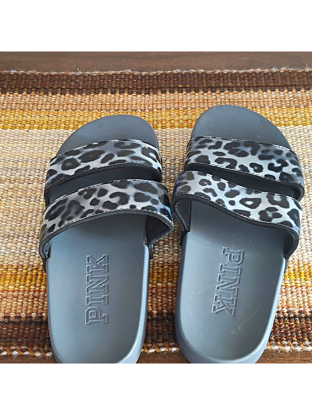 PINK Women's Size 6 Gray/Black Leopard Print Slide Sandals Double Strap Logo